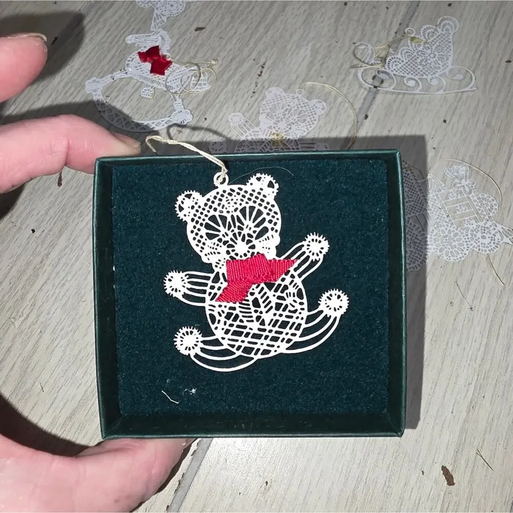 Vnt Lace Like Metal Christmas Ornaments W/Red Bows Bear Train Sled Horse